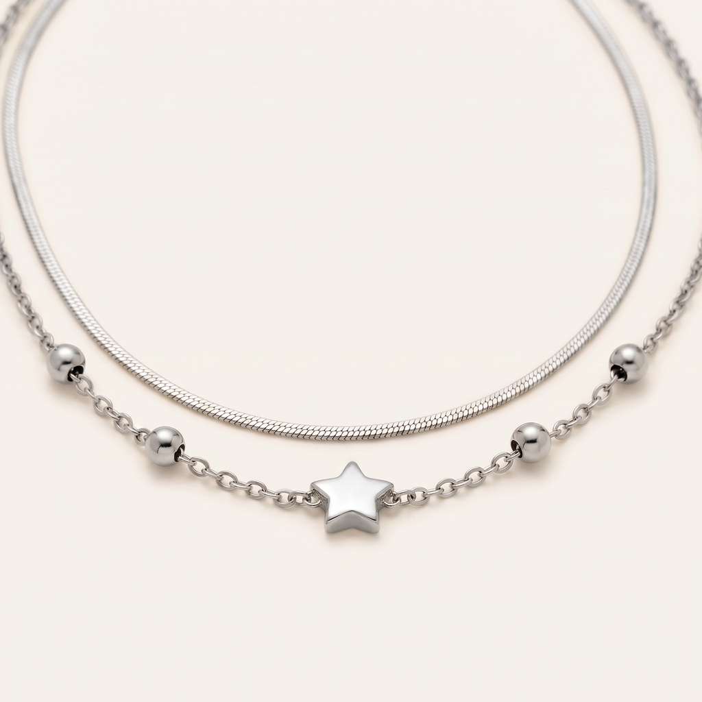 Collier étoile minimaliste double rang, détail du motif, argenté