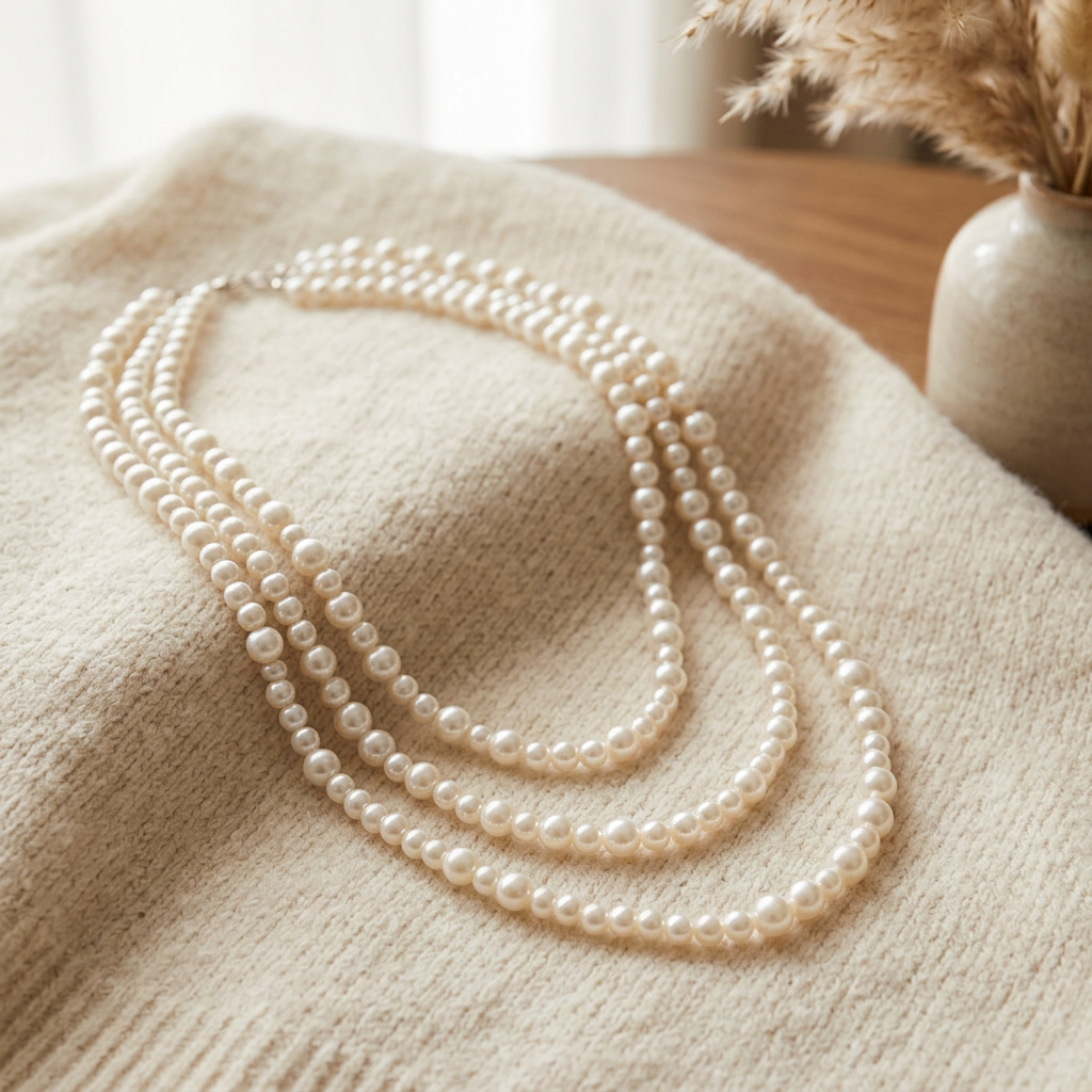 Collier de perles en multirang, porté en tenue