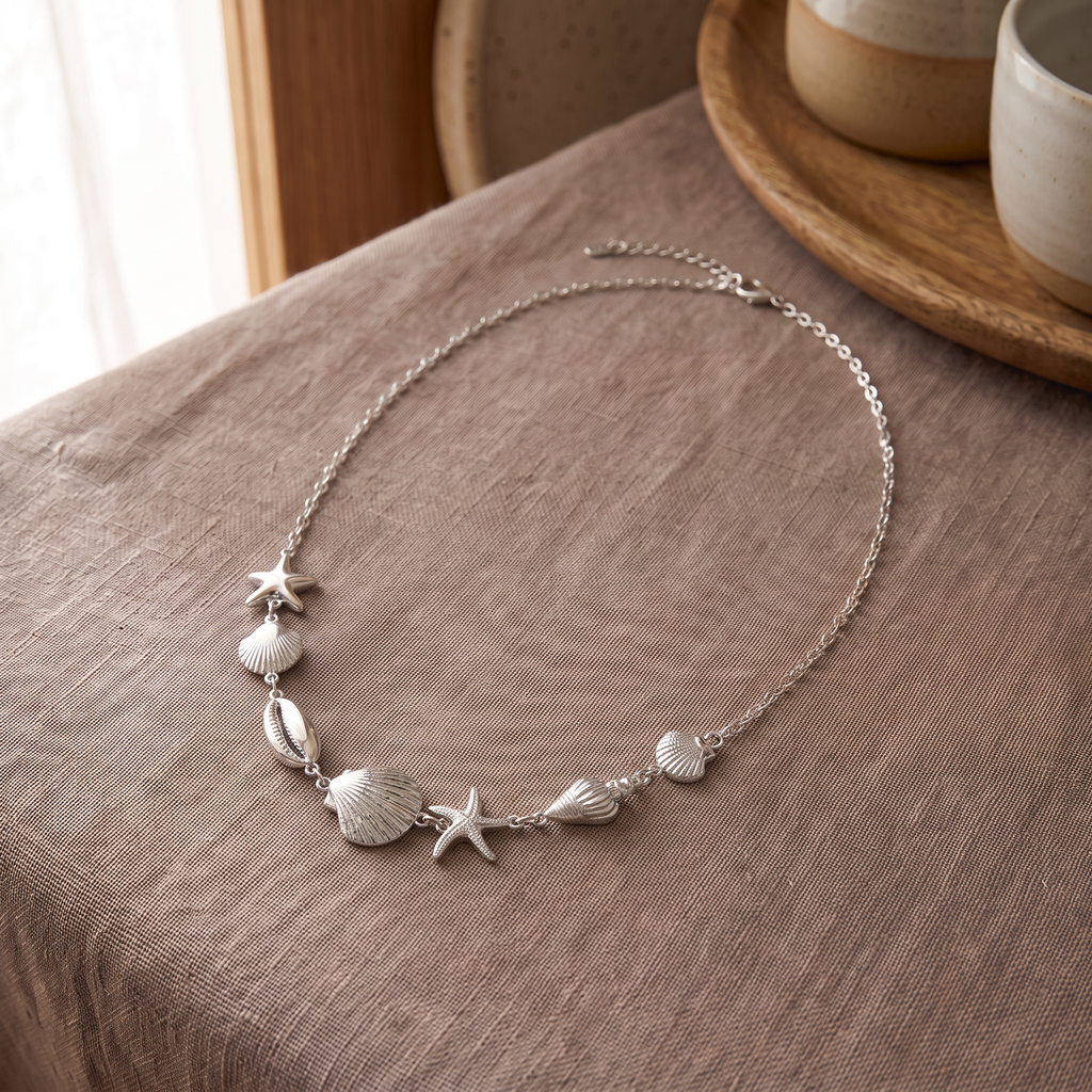 Collier coquillage, porté en tenue, argenté