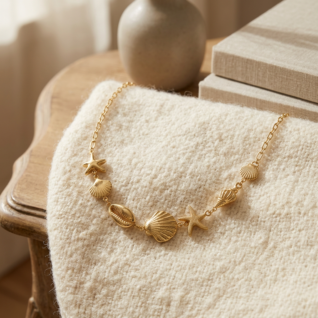 Collier coquillage, porté en tenue, doré
