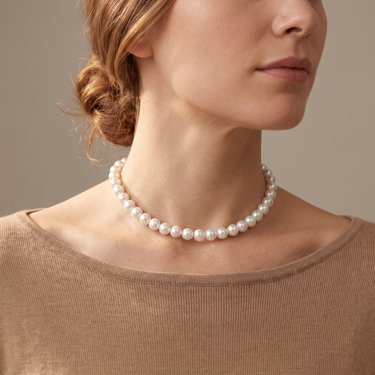 Collier de perles nacrées 14 mm, porté mi-corps