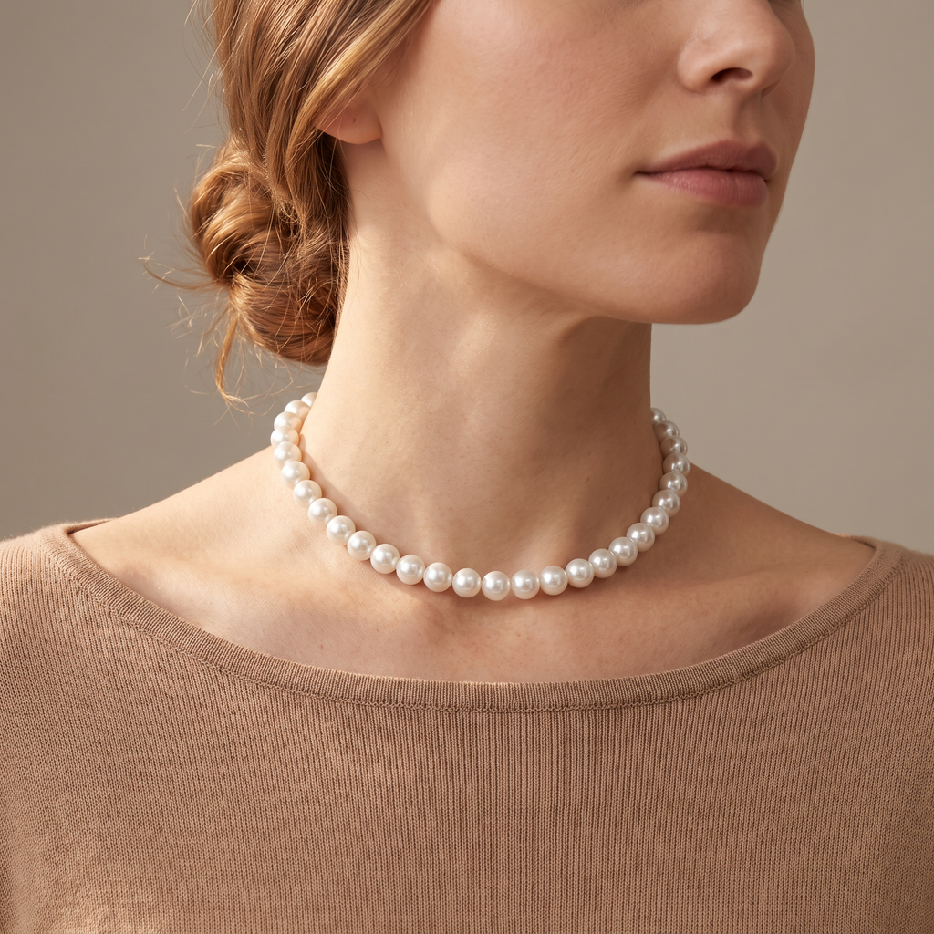 Collier de perles nacrées 14 mm, porté mi-corps