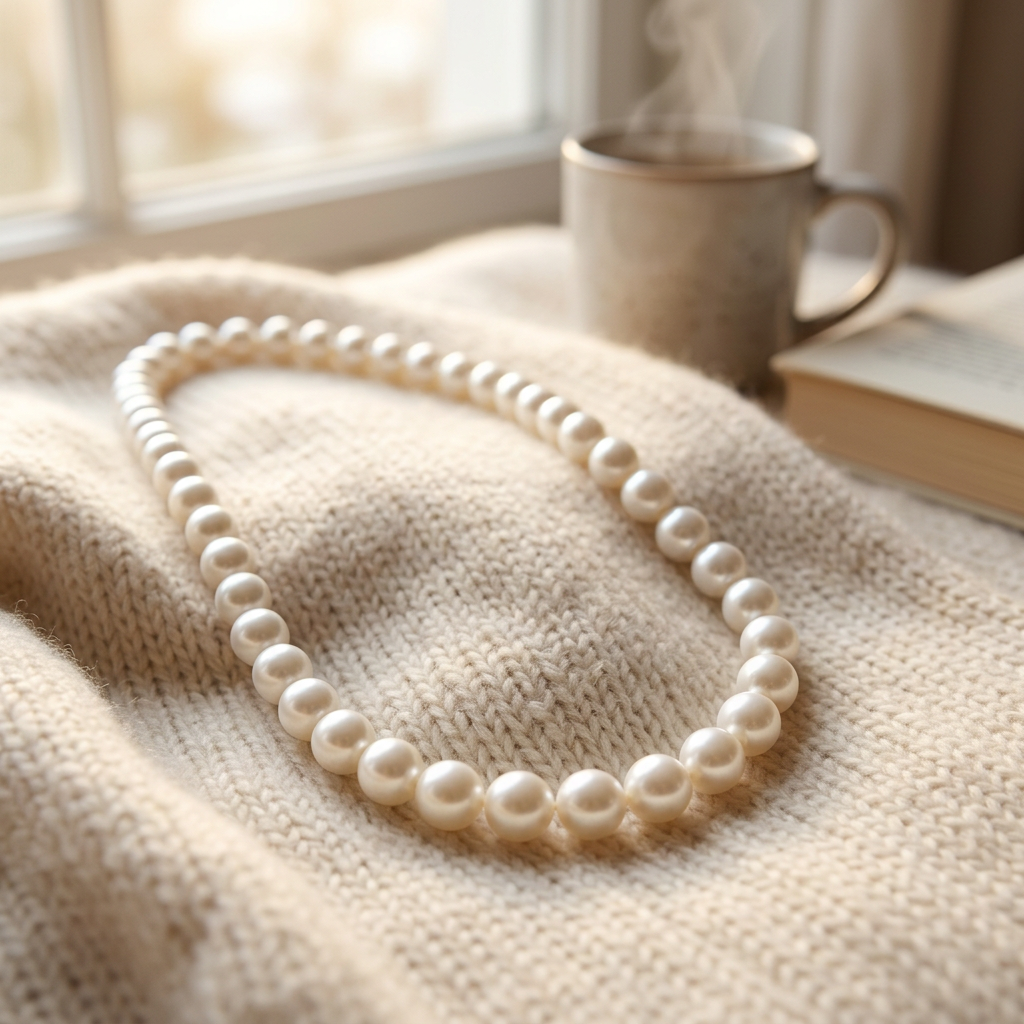 Collier de perles nacrées 12 mm, porté en tenue