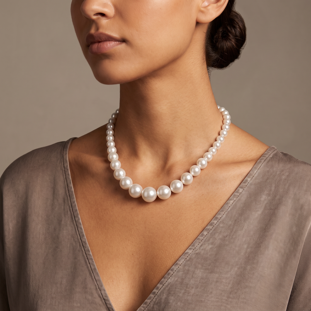 Collier de perles nacrées en dégradé 20 mm, porté mi-corps