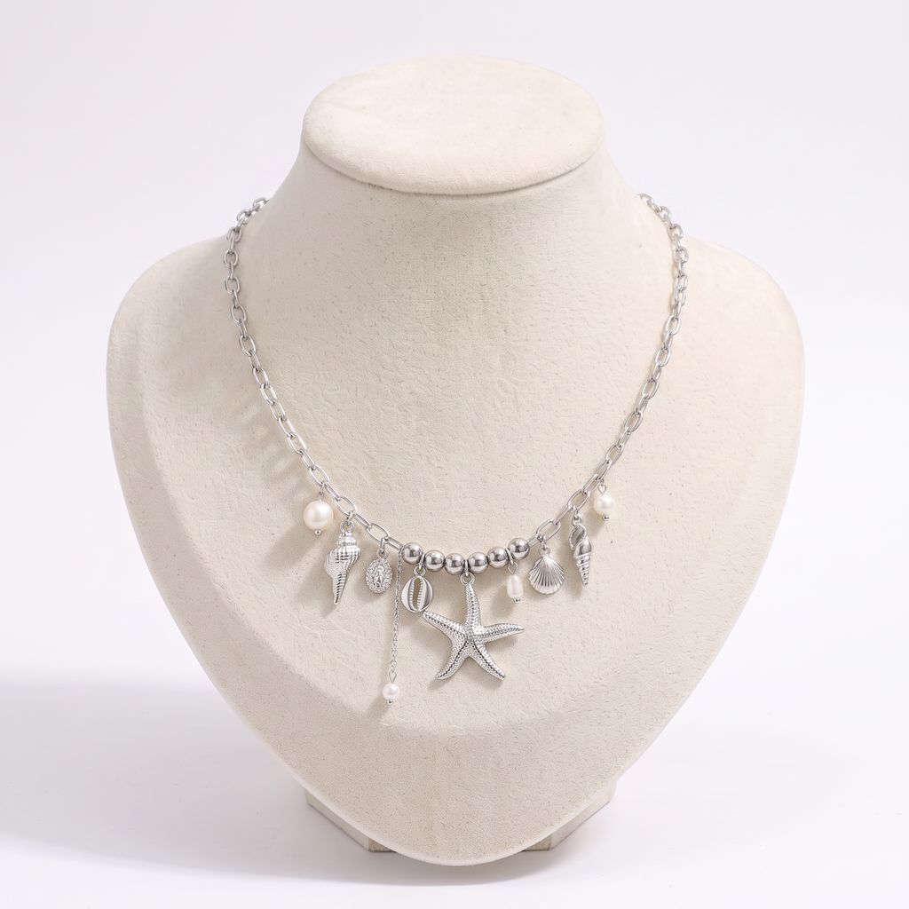 Collier charms étoile de mer, vue de face, argenté