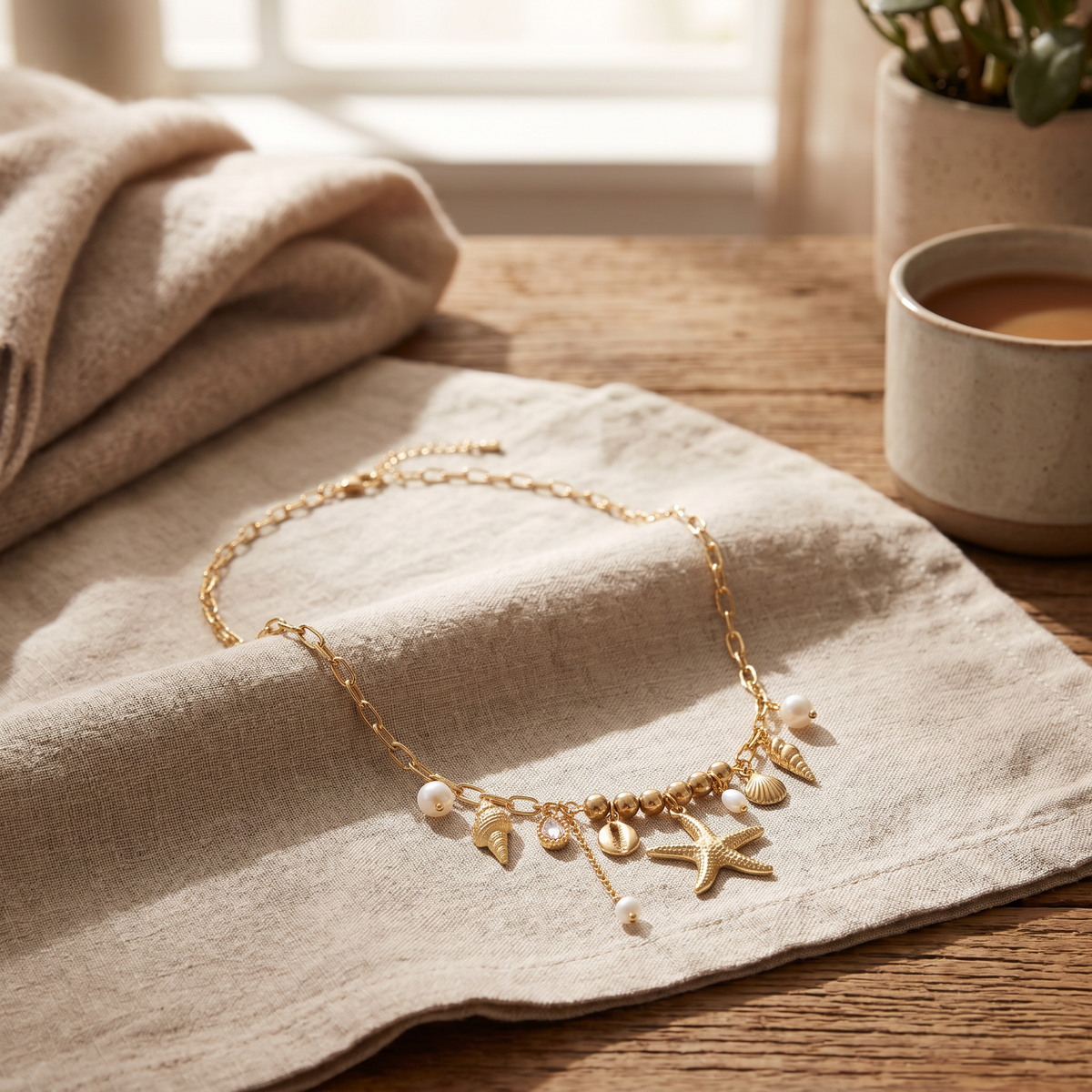 Collier charms étoile de mer, porté en tenue, doré