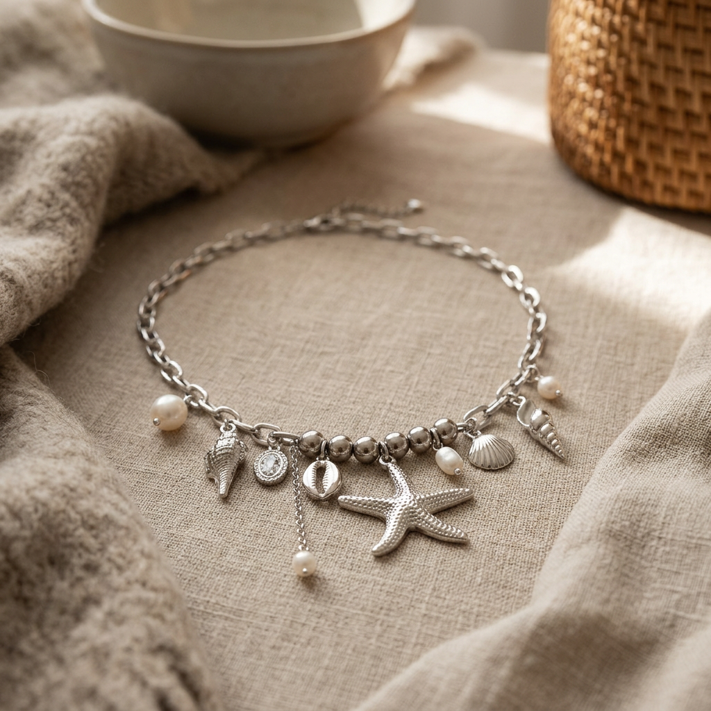 Collier charms étoile de mer, porté en tenue, argenté