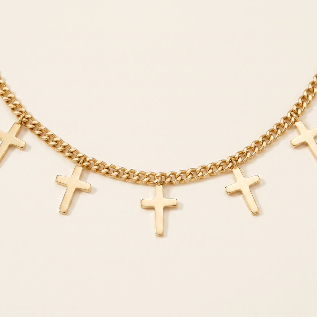 Collier croix minimaliste sur chaîne, détail du motif, doré