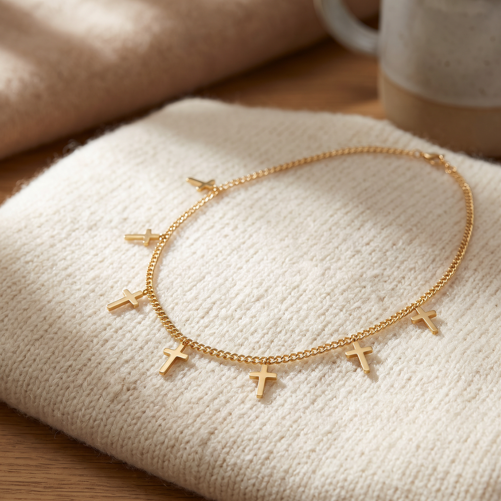 Collier croix minimaliste sur chaîne, porté en tenue, doré