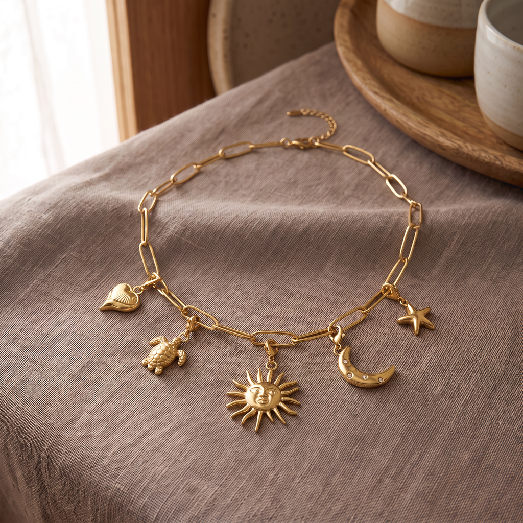 Collier soleil à breloques, ensemble à composer, porté en tenue
