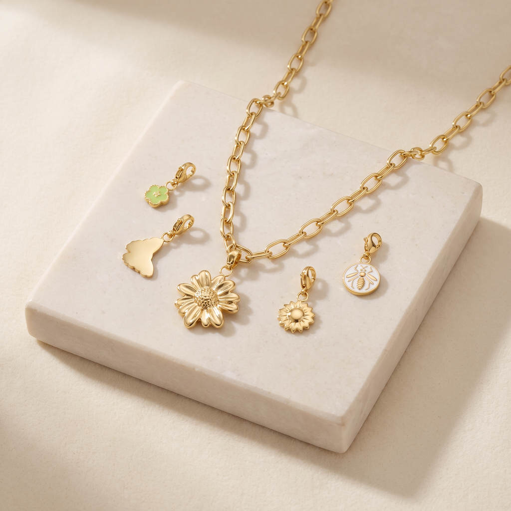 Collier fleur à breloques, ensemble à composer — Doré