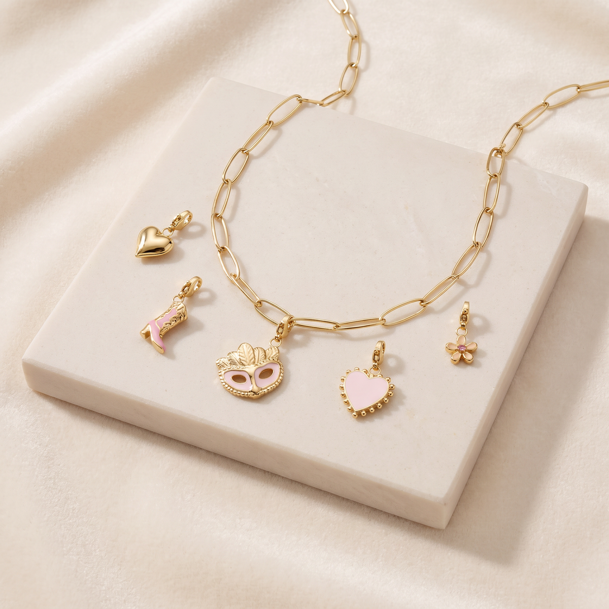 Collier cœur à breloques roses, ensemble à composer — Doré