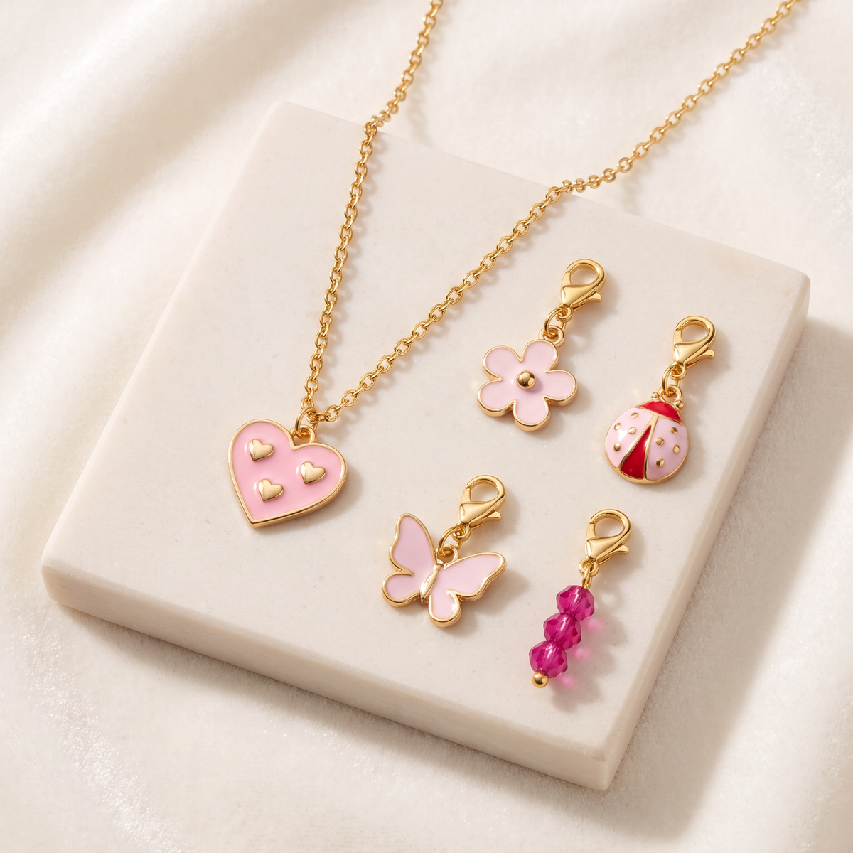 Collier cœur et papillon à breloques, ensemble à composer — Rose