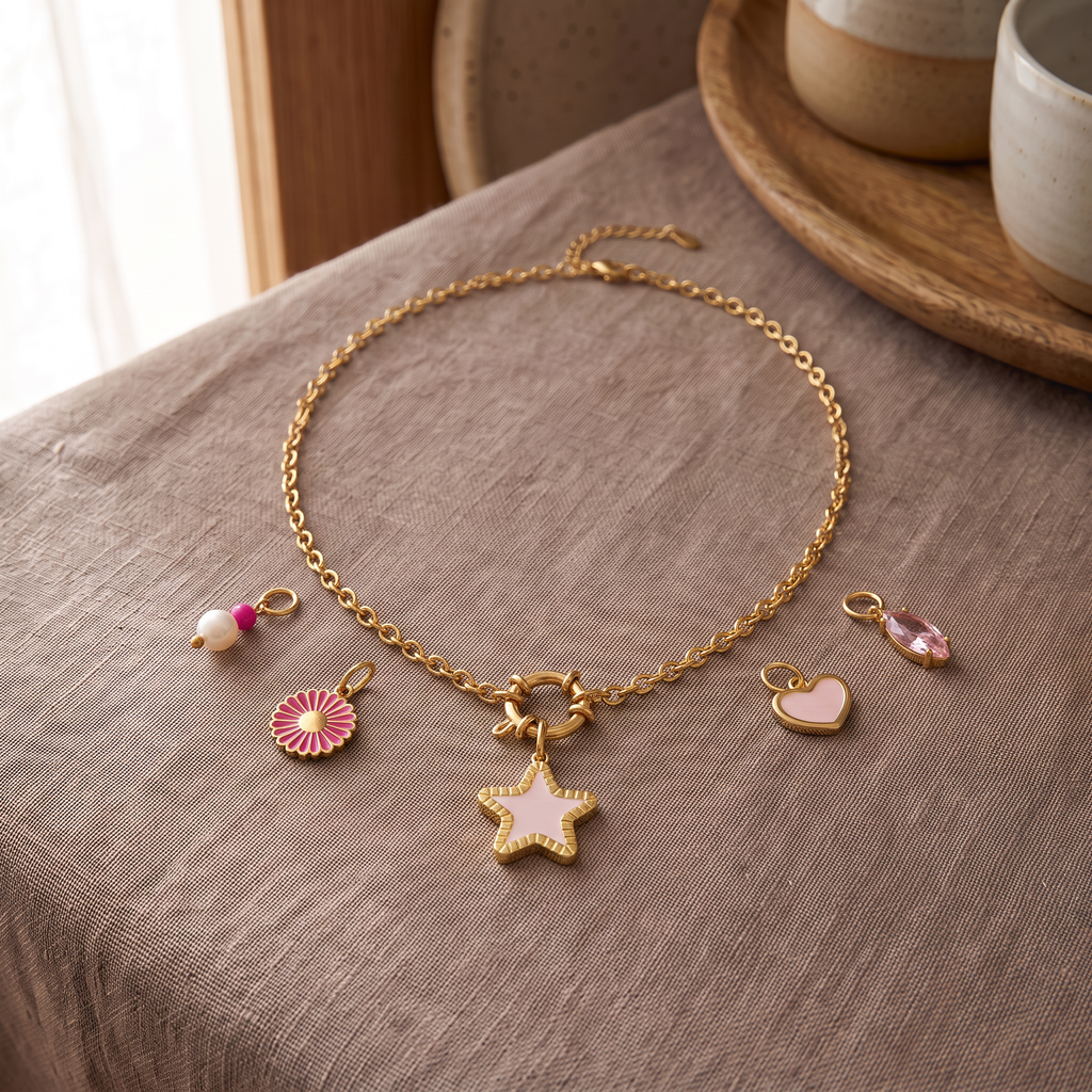 Collier fleur et étoile à breloques, ensemble à composer, porté en tenue