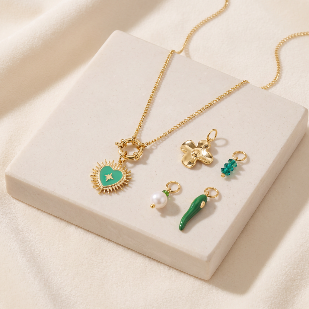 Collier cœur vert à breloques, ensemble à composer — Vert