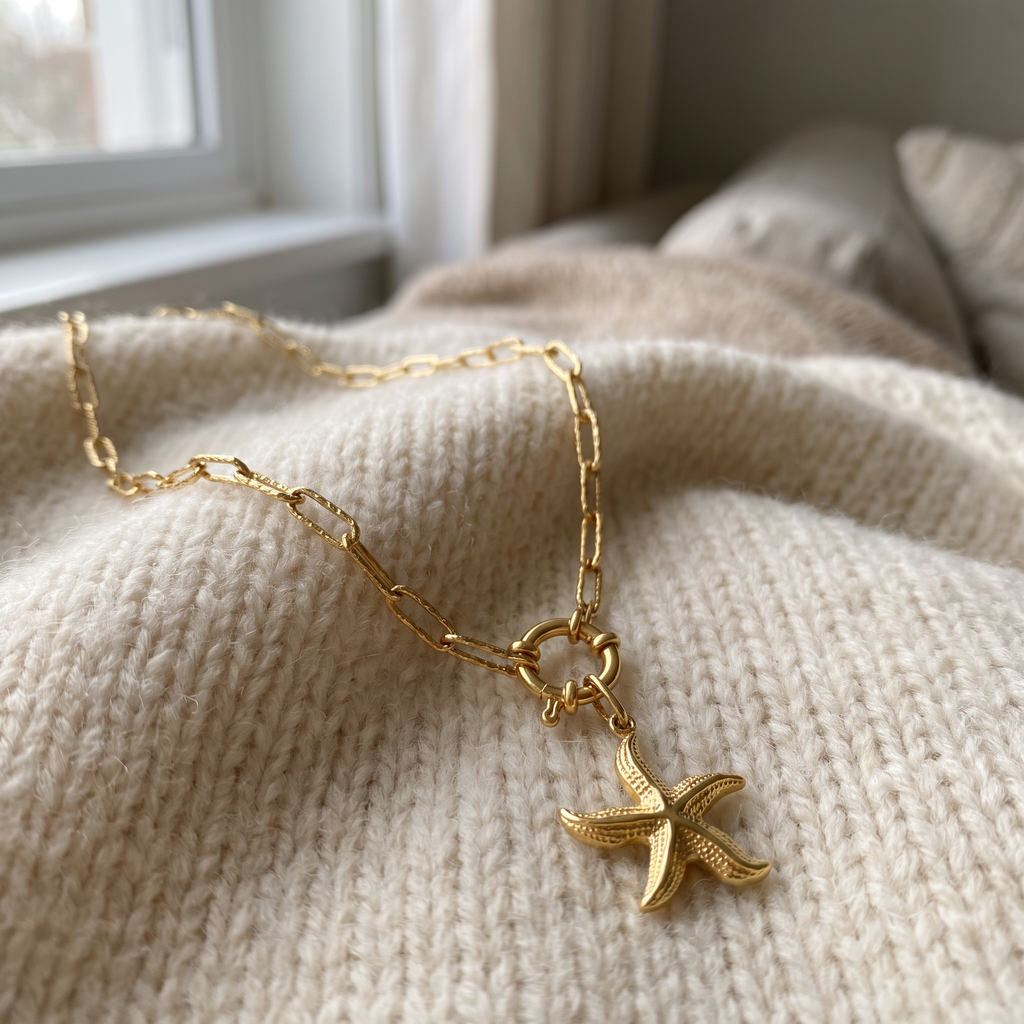 Collier étoile de mer à breloques, ensemble à composer, porté en tenue