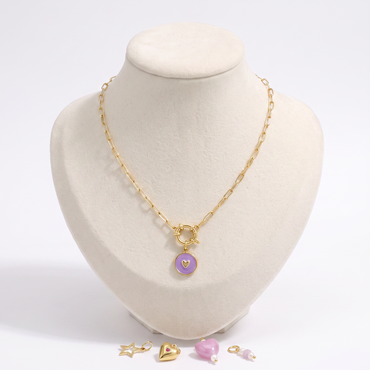 Collier cœur violet à breloques, ensemble à composer, vue de face