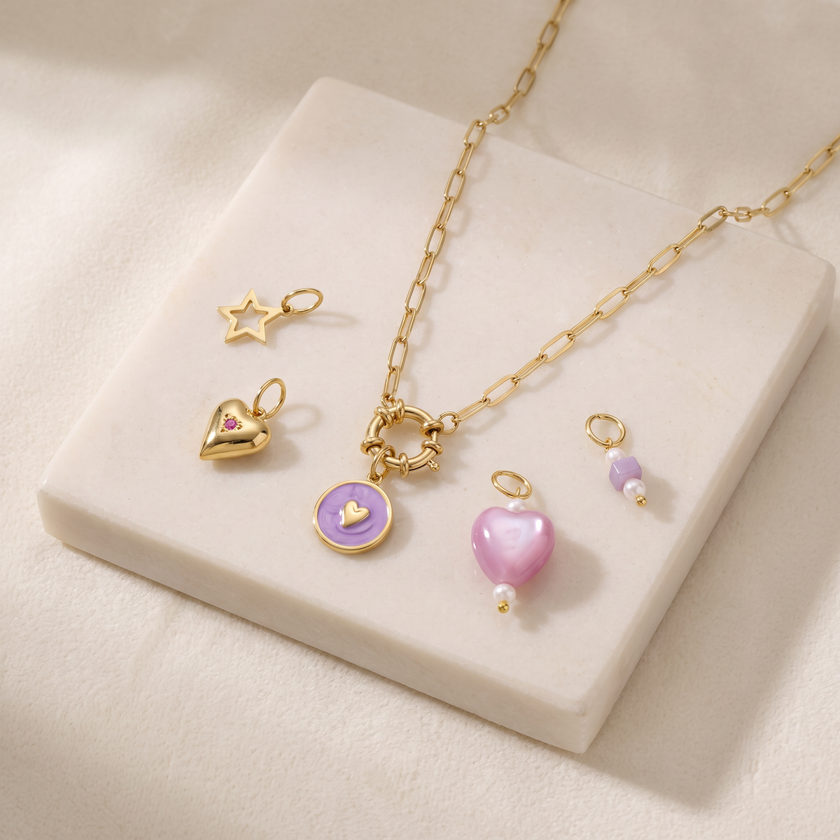 Collier cœur violet à breloques, ensemble à composer — Doré