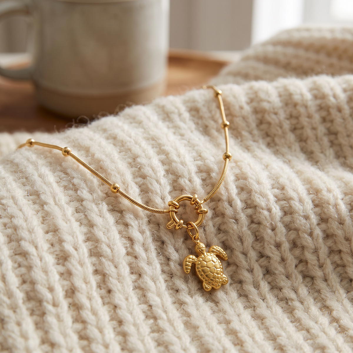Collier tortue et coquillage, ensemble à composer, porté en tenue