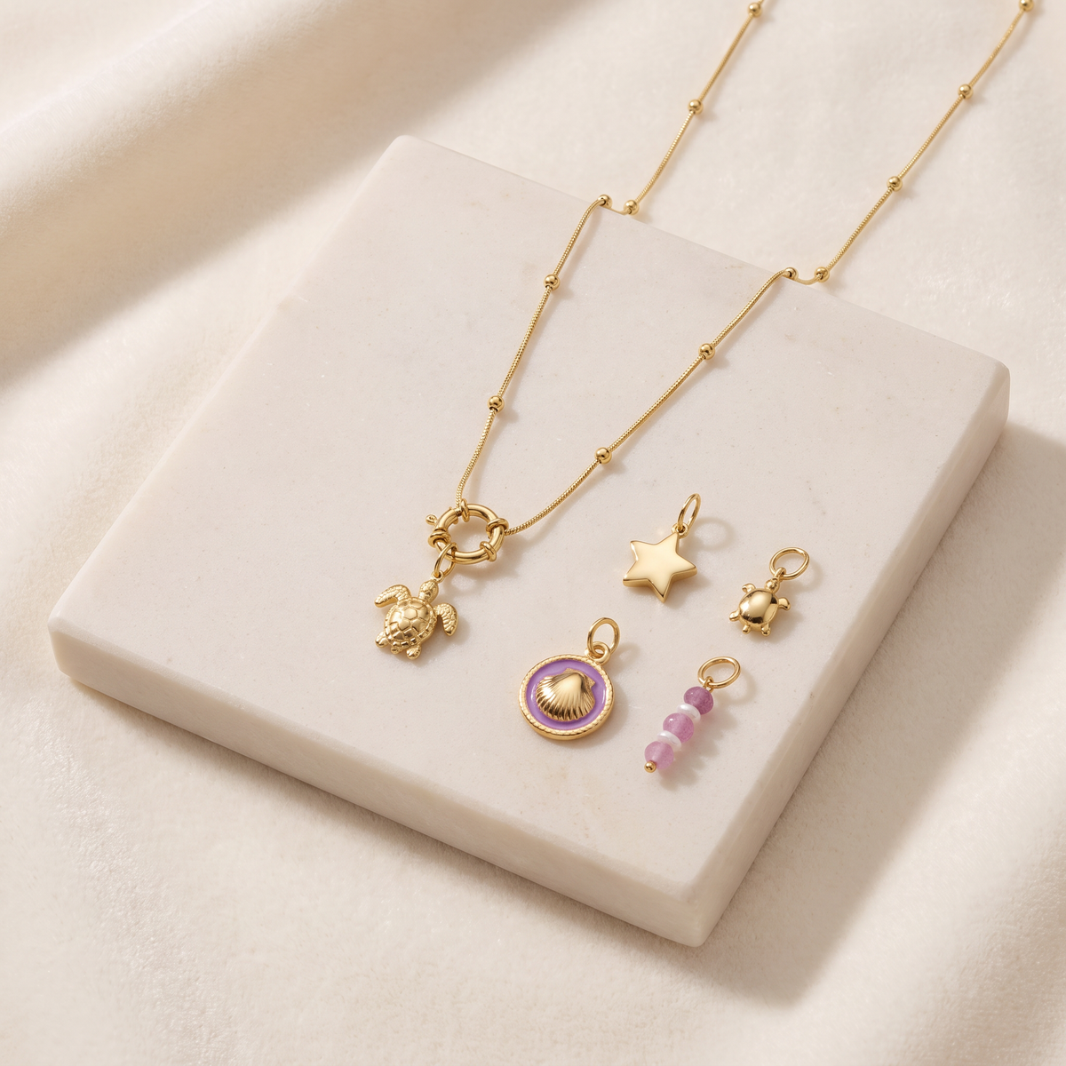 Collier tortue et coquillage, ensemble à composer — Doré