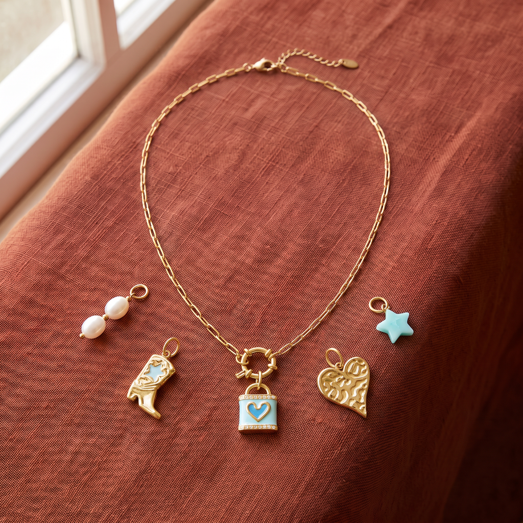Collier cœur à breloques, ensemble à composer, porté en tenue
