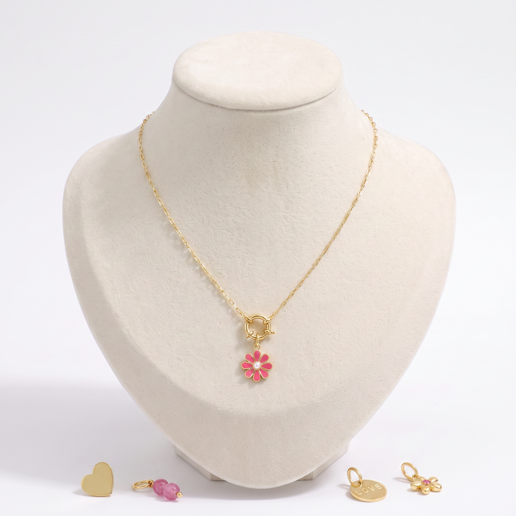 Collier fleur rouge à breloques, ensemble à composer, vue de face