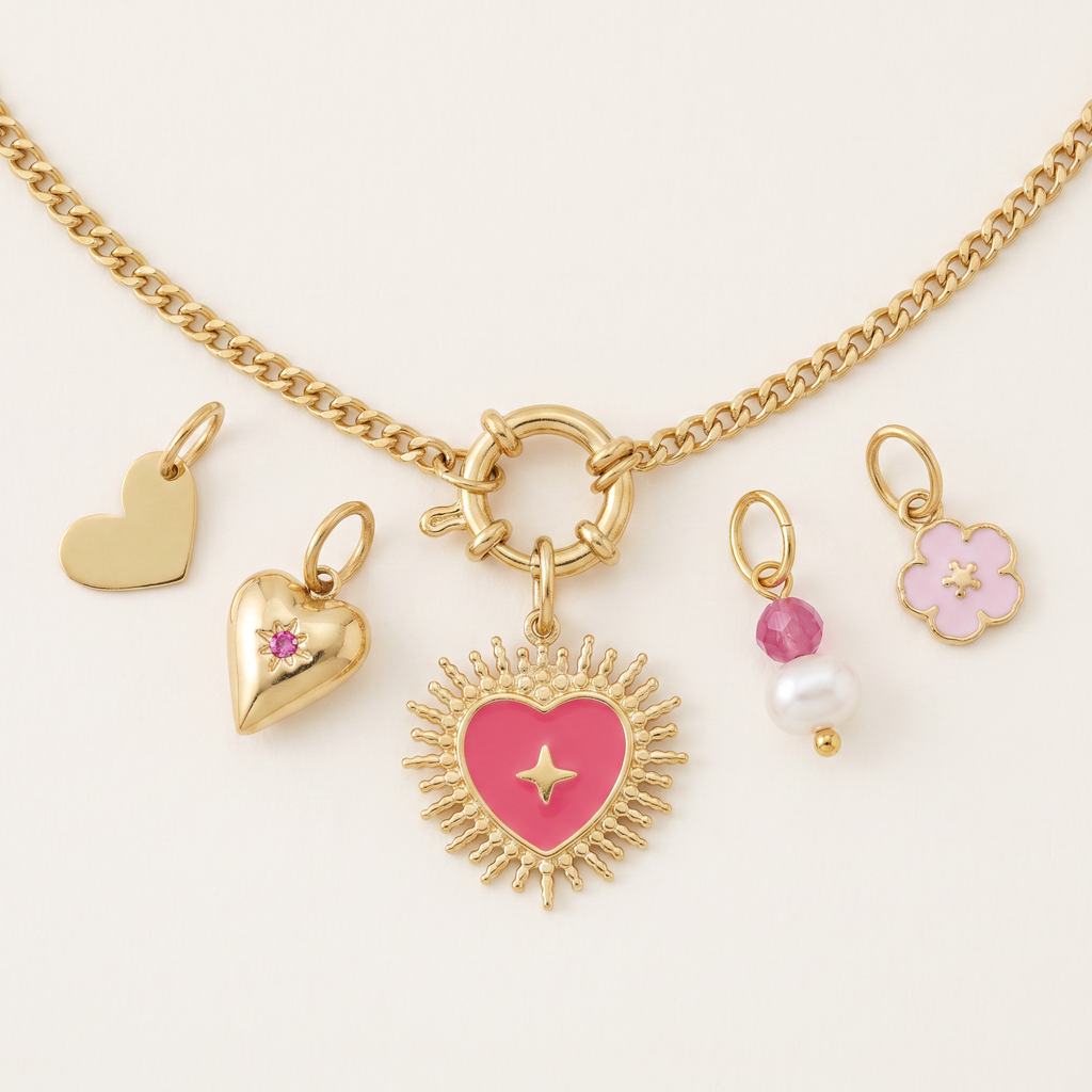 Collier cœur rayonnant rose, ensemble à composer, détail du motif