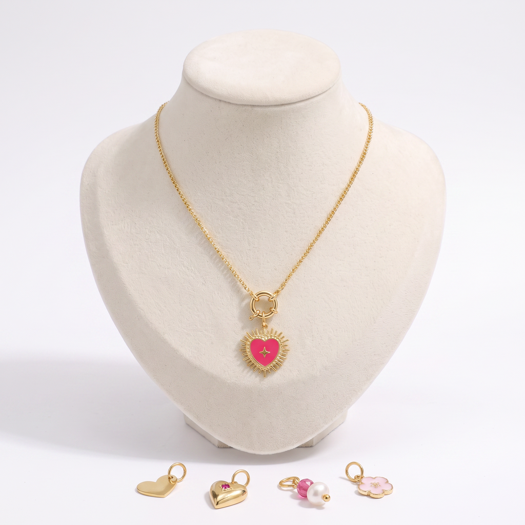 Collier cœur rayonnant rose, ensemble à composer, vue de face