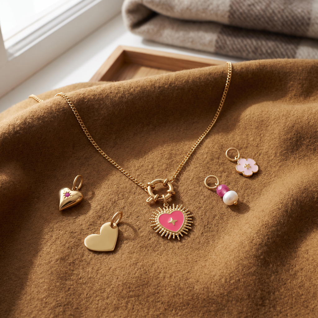 Collier cœur rayonnant rose, ensemble à composer, porté en tenue