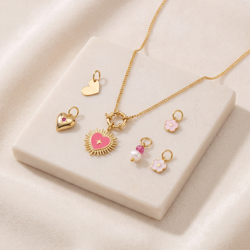 Collier cœur rayonnant rose, ensemble à composer — Doré