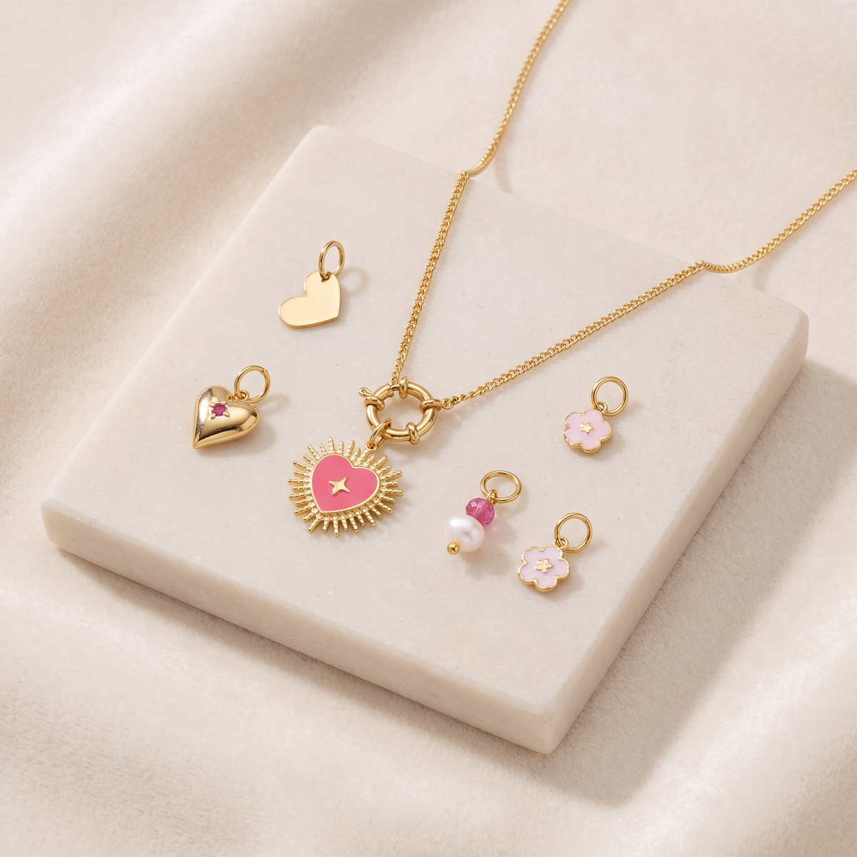 Collier cœur rayonnant rose, ensemble à composer — Doré