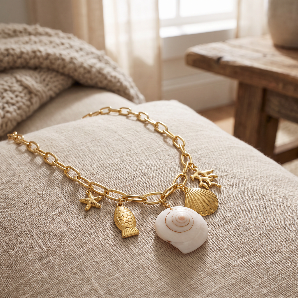 Collier coquillage à breloques blanc, porté en tenue