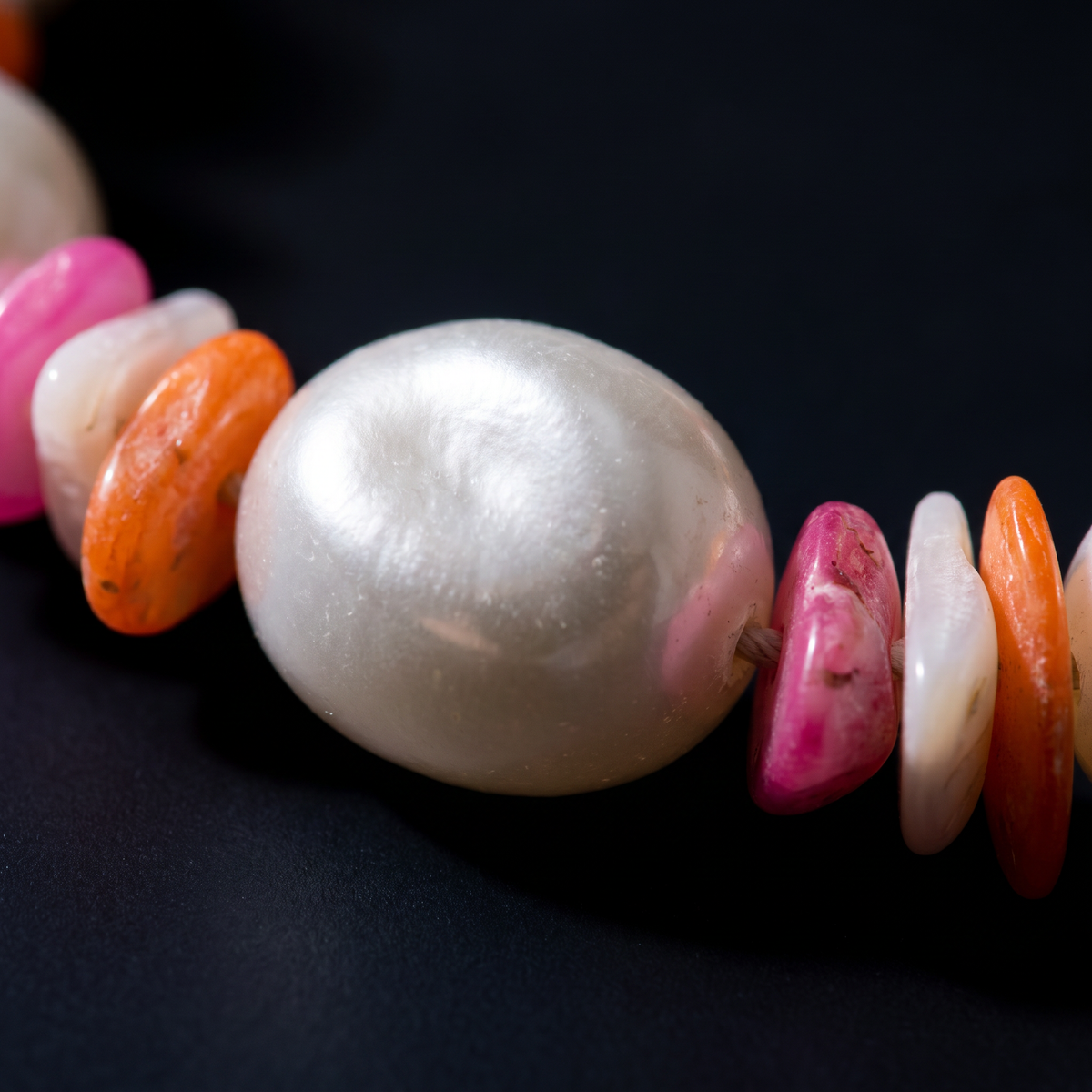 Collier de perles et éléments colorés, motif en gros plan