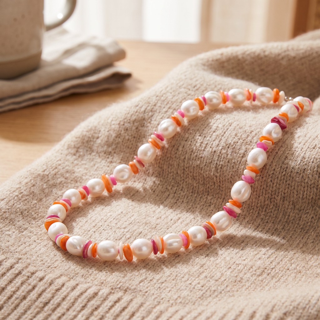 Collier de perles et éléments colorés, porté en tenue