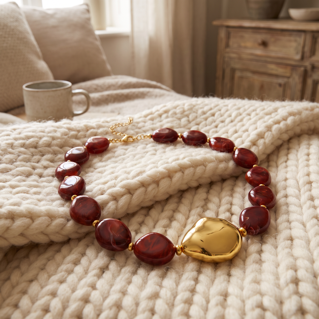 Collier de perles effet marbré de forme plate, porté en tenue
