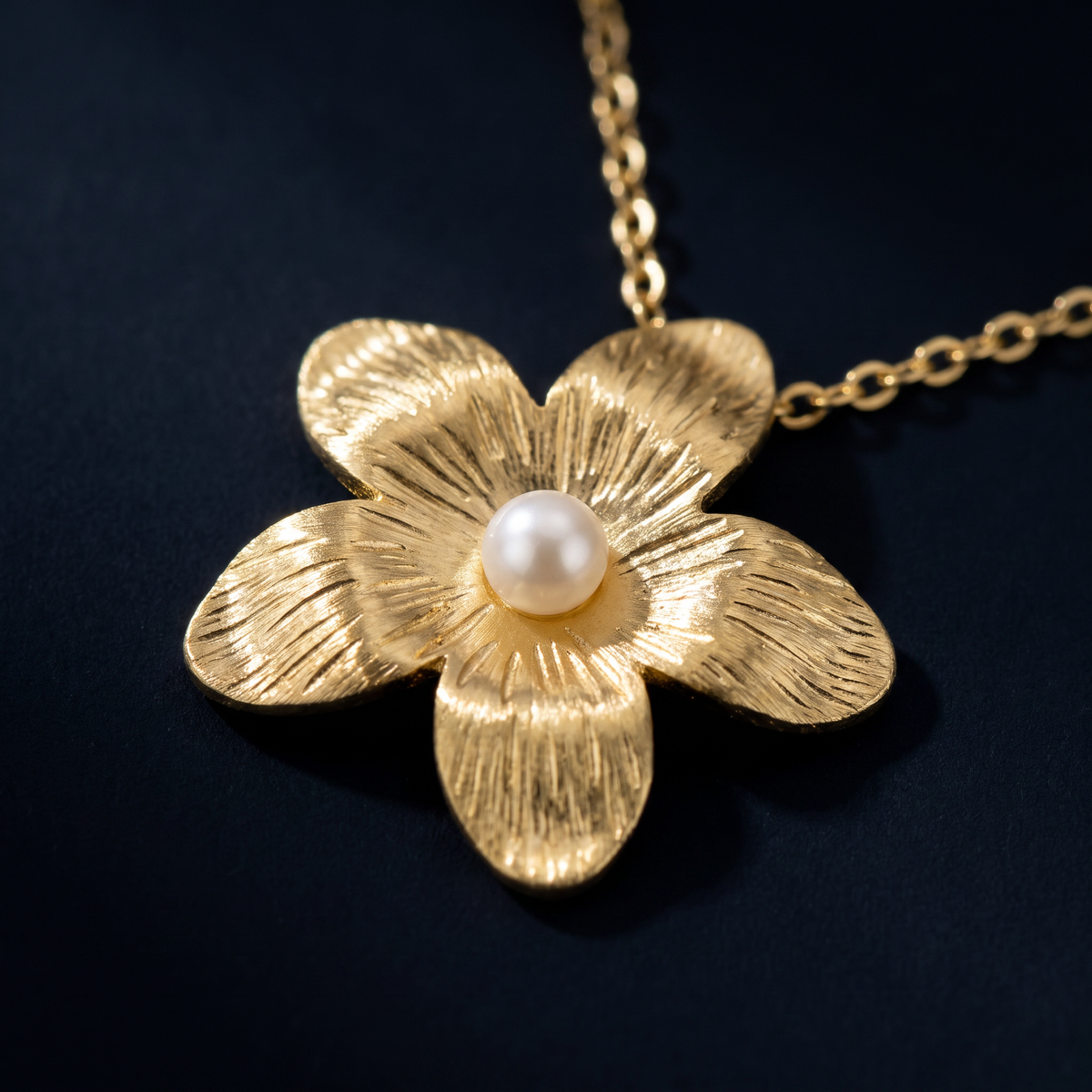 Collier fleur doré à finition texturée en perles, motif en gros plan