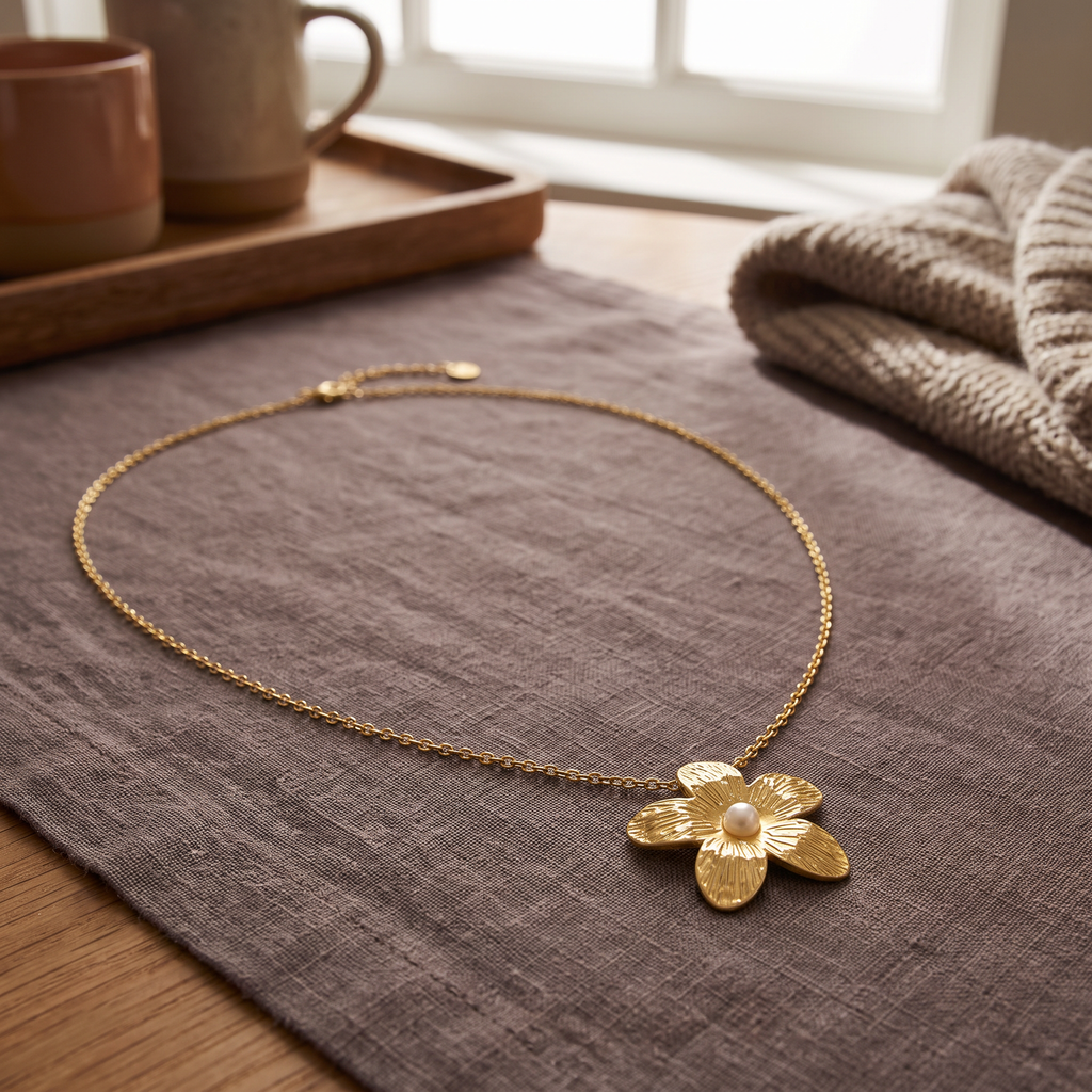 Collier fleur doré à finition texturée en perles, porté en tenue