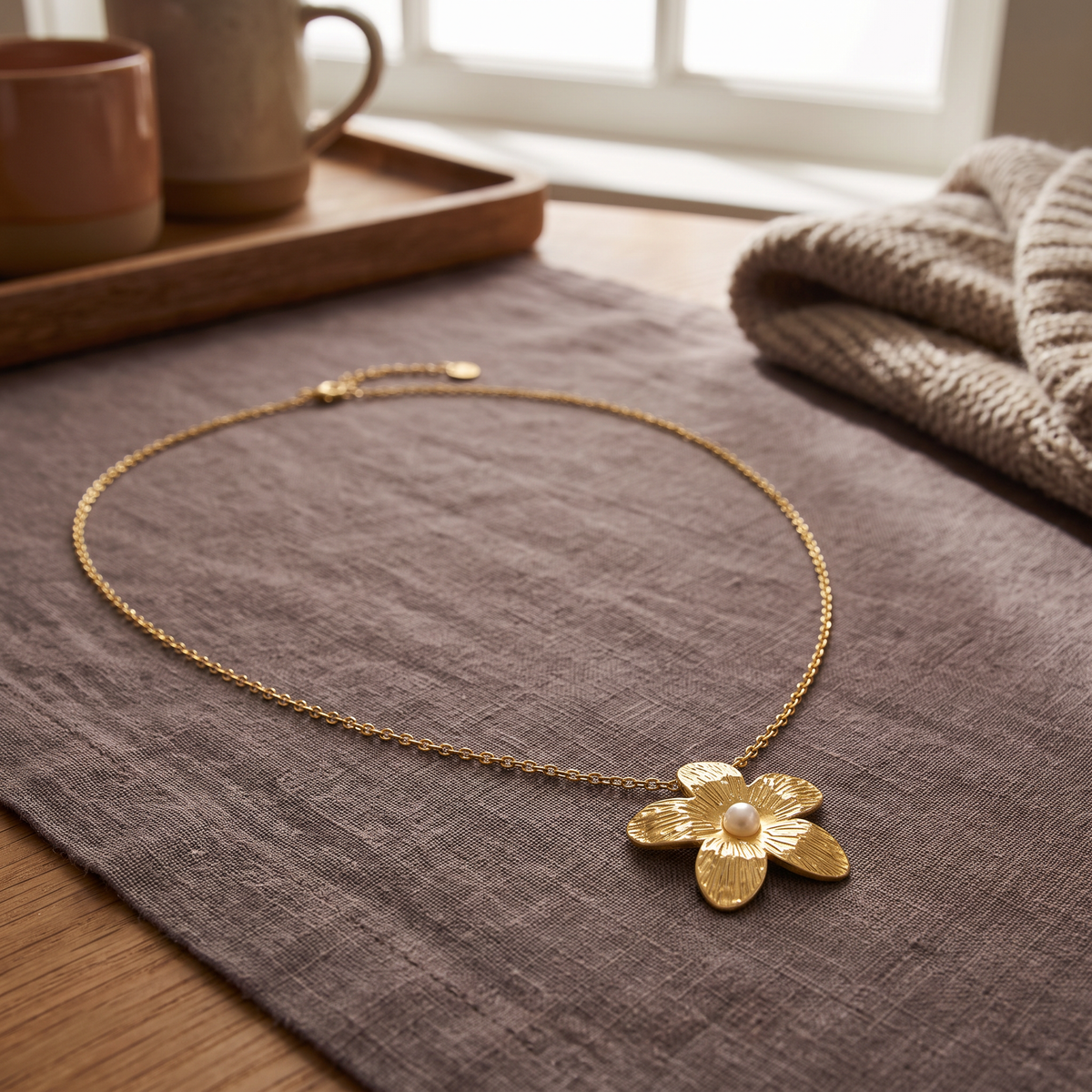 Collier fleur doré à finition texturée en perles, porté en tenue