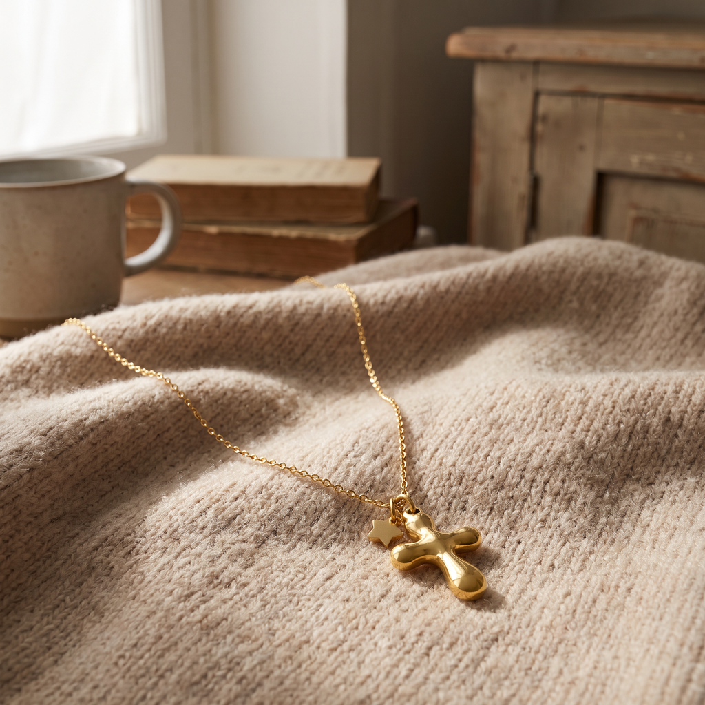 Collier croix, porté en tenue, doré
