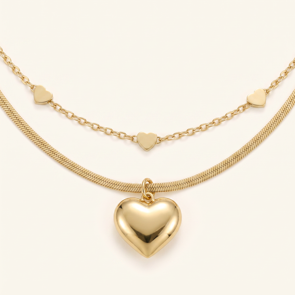 Collier cœur double rang, détail du motif, doré
