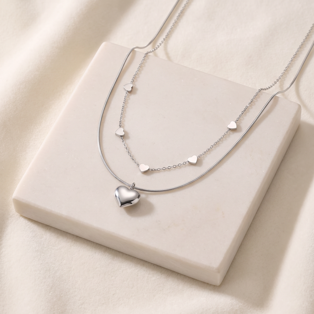 Collier cœur double rang — Argenté