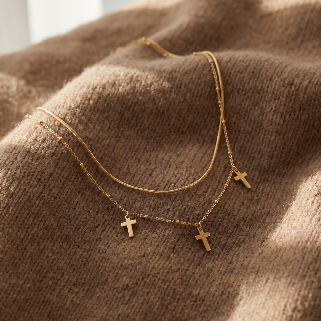 Collier croix double rang, porté en tenue, doré