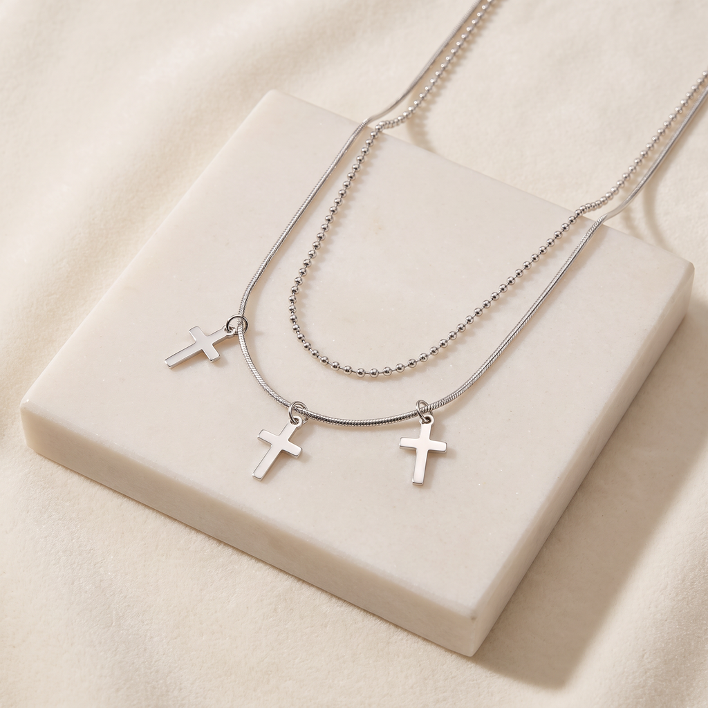 Collier croix double rang — Argenté