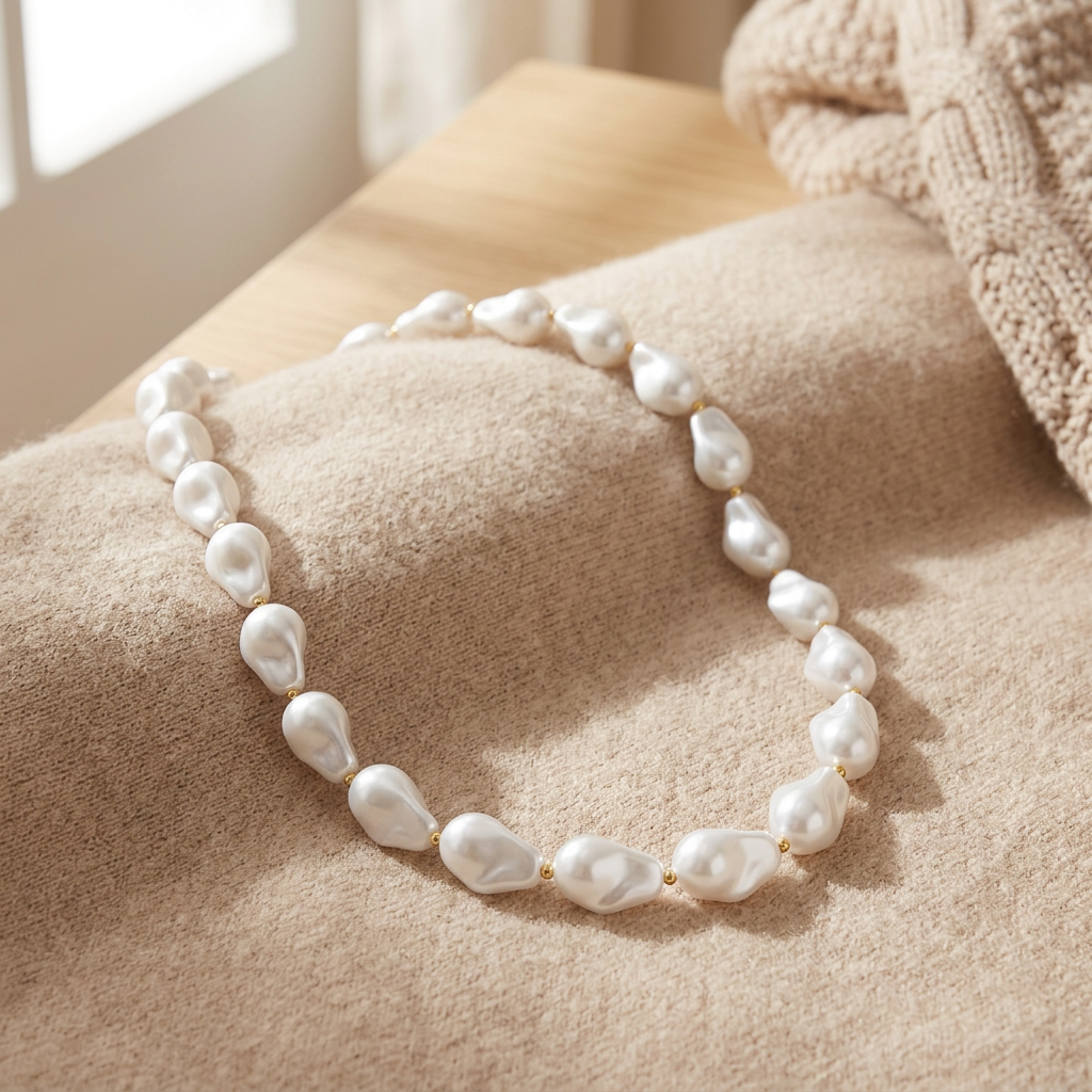 Collier de perles esprit rétro, porté en tenue