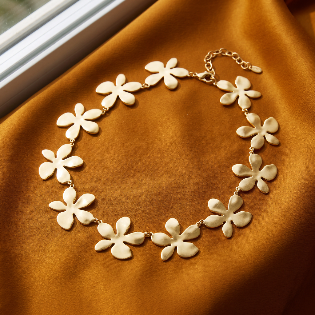 Collier fleur doré sur chaîne, porté en tenue