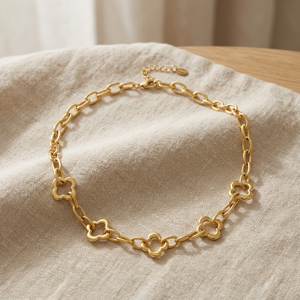Collier trèfle sur chaîne, porté en tenue, doré