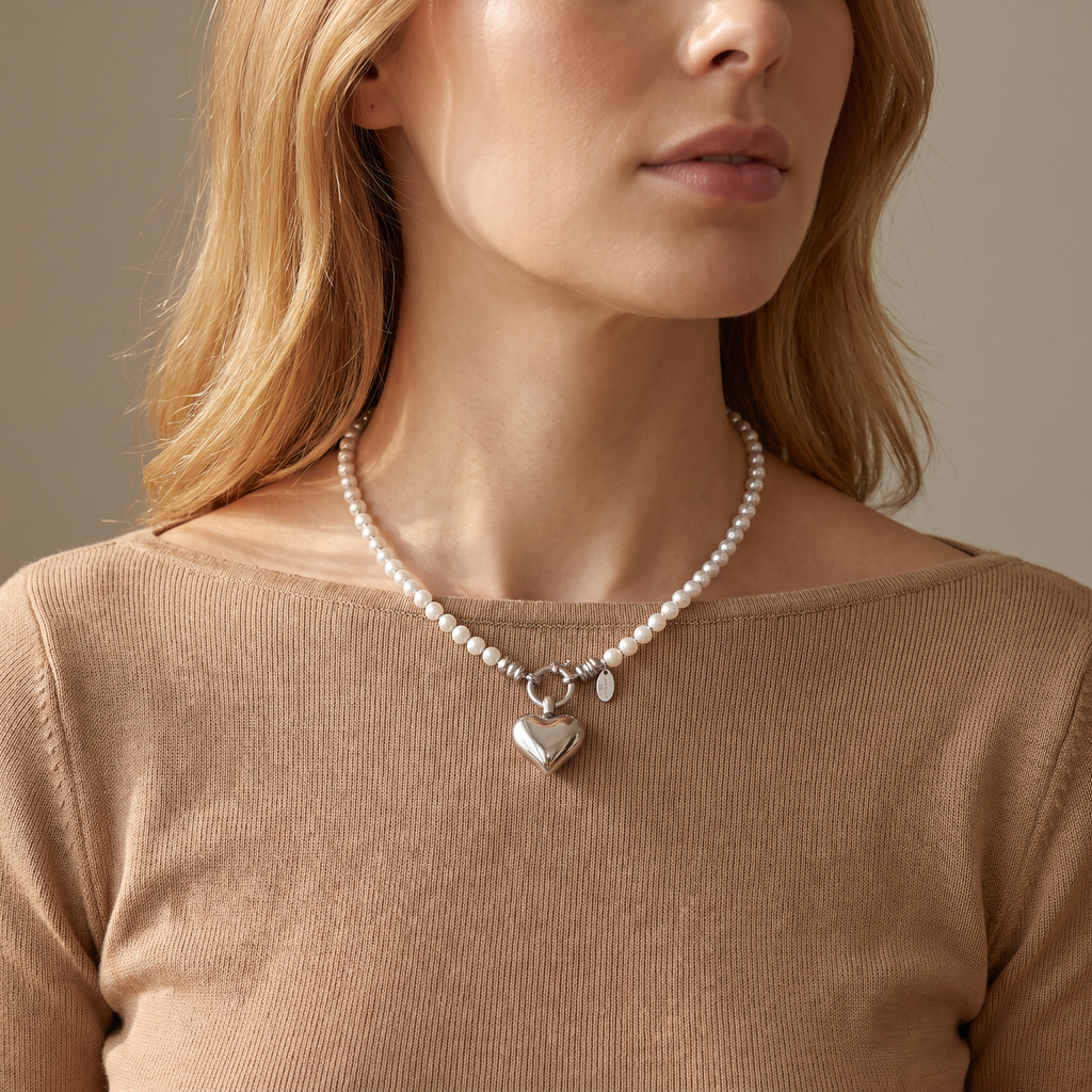 Collier cœur en perles, porté mi-corps, argenté