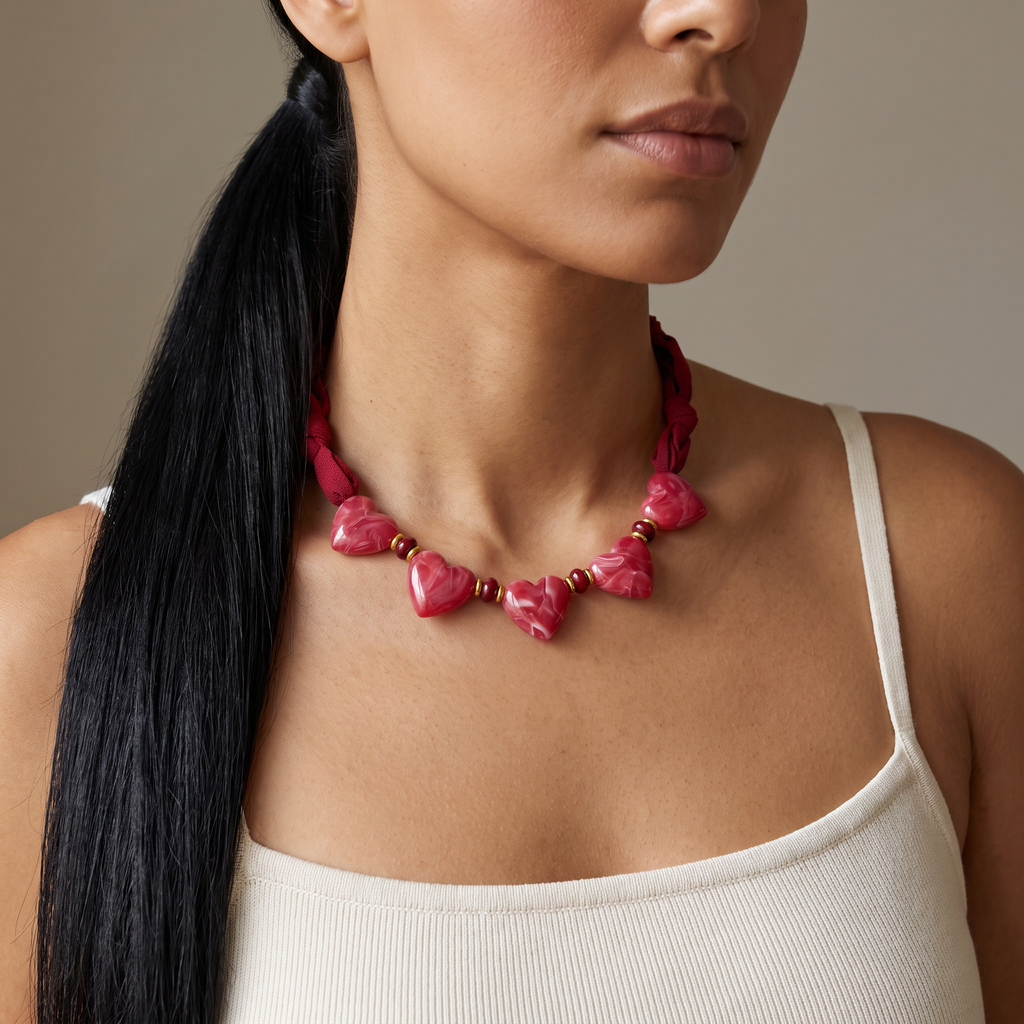 Collier cœur en couleurs sur cordon foulard, porté mi-corps, vin rouge