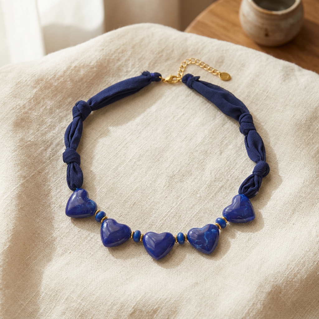 Collier cœur en couleurs sur cordon foulard, porté en tenue