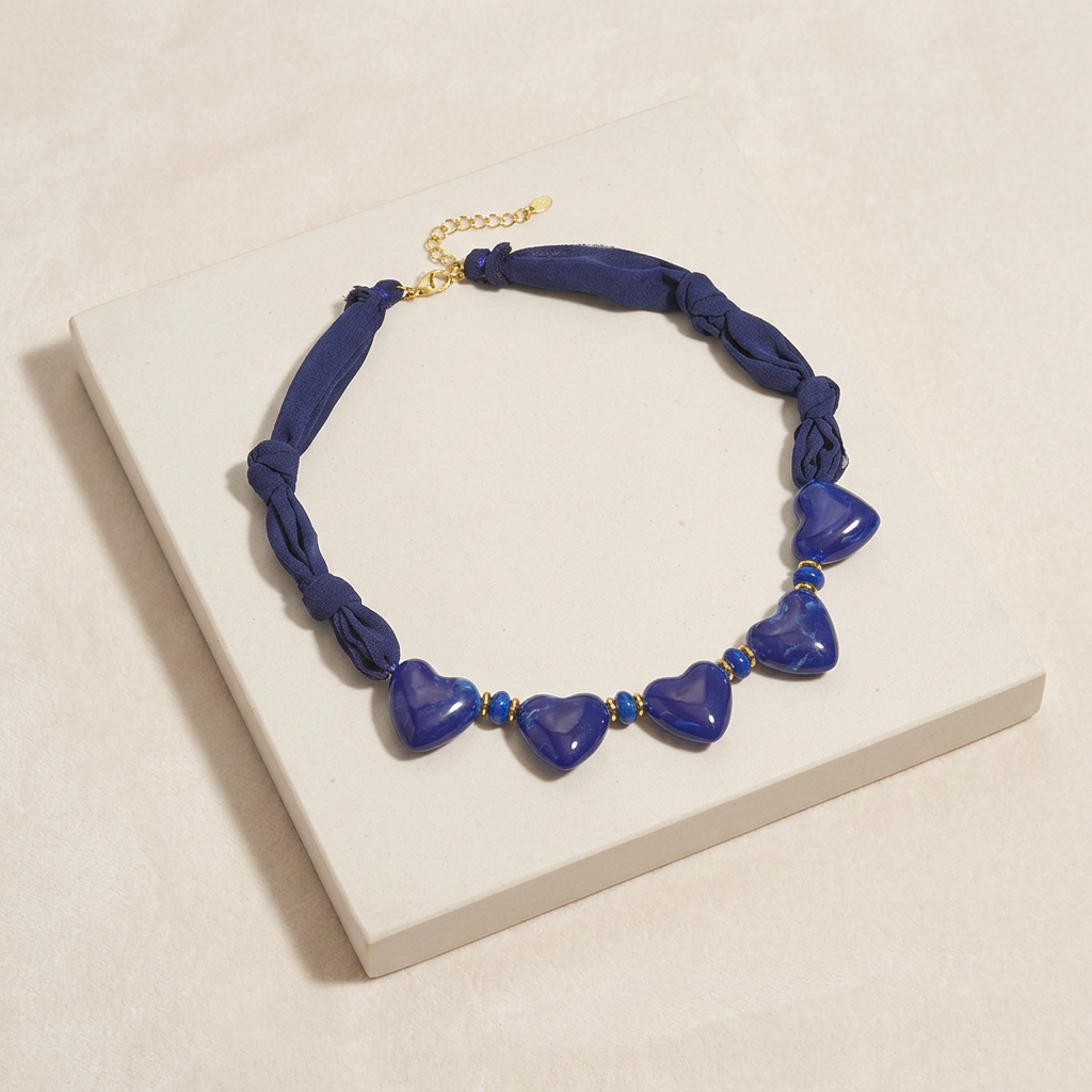 Collier cœur en couleurs sur cordon foulard — Bleu foncé